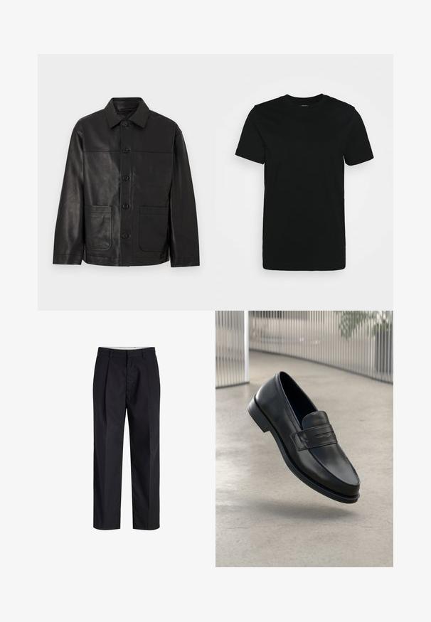Black leather button-up jacket with collar and two large front patch pockets, displayed against a plain light background.; Black short-sleeve T-shirt made of smooth cotton fabric, featuring a crew neckline and a simple design without patterns or accents.; Black straight-leg trousers with a waistband, belt loops, front zipper, and side pockets shown on a white background.; Black leather loafer with smooth texture, pointed toe, and a decorative strap across the instep. Lightweight sole, minimal design.