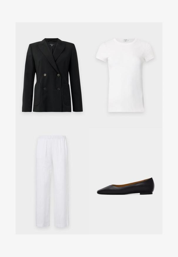 Sort dobbeltradet blazer lavet af struktureret stof, med klapkrave, to forlommer og fire sorte knapper.; Hvid, stribet T-shirt med kortærmer og rund hals. Stoffet ser glat ud med en tætsiddende silhuet. Brandingmærke synligt ved kraven.; ASPESI PANTALONE - Bukser - white; Sort læder flad sko med spids tå, lav hæl og glat finish, vist fra siden på en lysegrå baggrund.