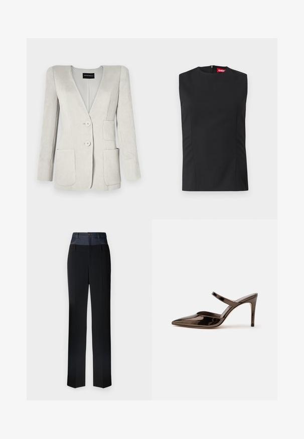 Lichtgrijze ribfluweel blazer met een diepe V-hals, twee voorzakken en twee knopen. Beschikt over een gestructureerde afwerking en aangeklede schouders.; Zwart mouwloos topje met hoge hals, voorste naden en een onzichtbare rits aan de achterkant. Gemaakt van gladde stof met een gestructureerde pasvorm.; Zwarte broek met een denim tailleband, met een getailleerde pasvorm, rechte pijpen en zichtbare stiksels op de tailleband.; G glanzende donkerbruine mule met spitsen neus en hoge hak met een smalle band over de wreef op een effen witte achtergrond.