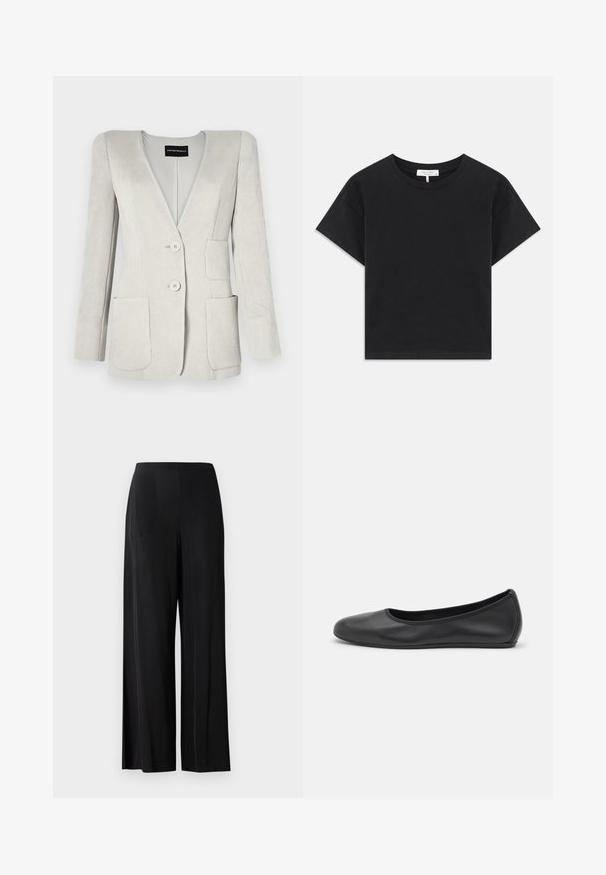 Lys grå fløjl blazer med en dyb V-hals, to forlommer og to knapper. Har en tekstureret overflade og strukturerede skuldre.; Sort cropped t-shirt lavet af bomuld, med rund halsudskæring, korte ærmer og et enkelt design uden mønstre eller pynt.; Sorte, brede bukser lavet af glat stof, med en høj talje og uden synlige lommer eller hardware. Gulvlængde design.; Sort læderballetsko med rund tå, glat tekstur, minimal syning og et fleksibelt såldesign.