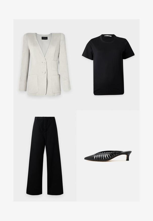 Lys grå fløjl blazer med en dyb V-hals, to forlommer og to knapper. Har en tekstureret overflade og strukturerede skuldre.; Enkelt sort t-shirt med korte ærmer og rund hals lagt fladt på en hvid baggrund med en synlig mærkeetiket inde i kraven.; Sorte breddebenede bukser lavet af bomuld, med høj talje, forlommer og et rent, enkelt design med minimale syninger.; Sort læder mule med spids snude, stropdetalje og lav kittenhælk på hvid baggrund.