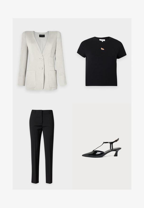 Blazer en velours côtelé gris clair avec un profond col en V, deux poches frontales et deux boutons. Il présente une finition texturée et des épaules structurées.; T-shirt court noir à manches courtes avec petit logo renard orange brodé centré sous l'encolure ronde.; Pantalon noir ajusté slim-fit avec passants de ceinture et plis devant, présenté sur un fond clair uni.; Chaussure slingback en cuir verni noir à bout pointu avec bride en T et petit talon bloc incliné sur fond blanc.
