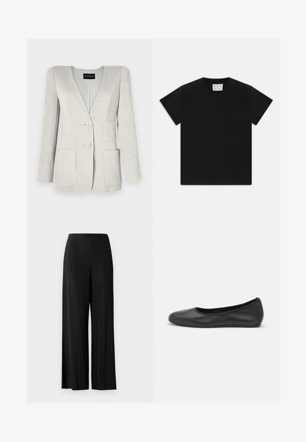 Lys grå fløjl blazer med en dyb V-hals, to forlommer og to knapper. Har en tekstureret overflade og strukturerede skuldre.; Sort kortærmet t-shirt med rund hals og et hvidt mærke indeni kraven, mærket "D.R.C. EST. 2002" på hvid baggrund.; Sorte, brede bukser lavet af glat stof, med en høj talje og uden synlige lommer eller hardware. Gulvlængde design.; Sort læderballetsko med rund tå, glat tekstur, minimal syning og et fleksibelt såldesign.