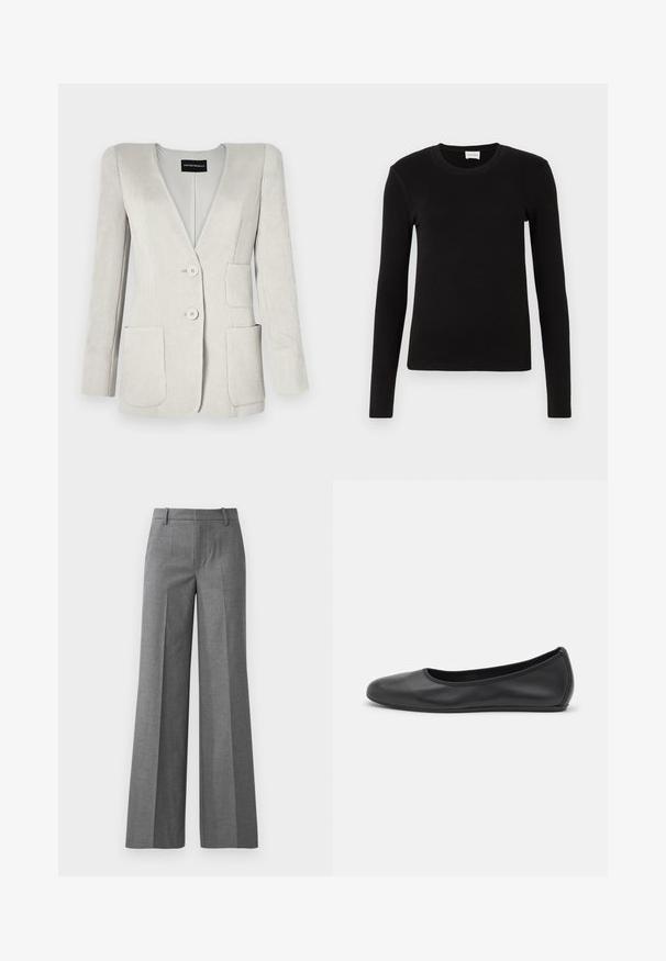 Lys grå fløjl blazer med en dyb V-hals, to forlommer og to knapper. Har en tekstureret overflade og strukturerede skuldre.; Sort langærmet T-shirt lavet af blød, glat stof. Har en rund halsudskæring og tætsiddende pasform, uden synlige mønstre eller pynt.; Grå bukser med vidde i et tekstureret stof. Har frontfolder, en tætsiddende talje og en poleret finish, ideel til formelle anledninger.; Sort læderballetsko med rund tå, glat tekstur, minimal syning og et fleksibelt såldesign.