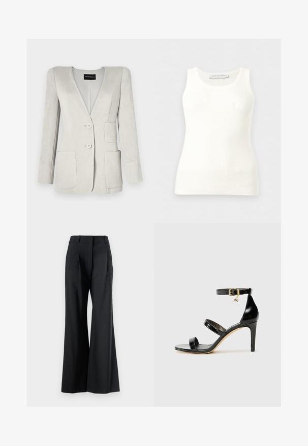 Lys grå fløjl blazer med en dyb V-hals, to forlommer og to knapper. Har en tekstureret overflade og strukturerede skuldre.; Hvid, ribstrikket, ærmeløs tanktop med rund halsudskæring, tætsiddende pasform og mærkeetiket på indersiden af bagkraven.; Veronica Beard OLLIE PANT - Bukser - black; Sorte patenterede lædersandaler med tre stropper, ankelspænde og 10 cm stiletthæl. Har detaljer i guld og et logo charms.