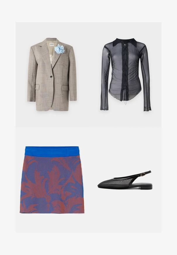 Blazer beige texturé à bouton unique avec col cranté, poches à rabat, et fleur en tissu bleu clair sur le revers gauche.; Chemise noire transparente à manches longues avec un col pointu, présentant une fermeture à lacets à l'avant et une texture froncée sur les côtés.; Jupe à côtes avec une ceinture bleue, ornée d'un motif floral dans des tons orange et bleu foncé sur un fond texturé.; Chaussure plate noire à bride arrière, bout pointu, tige en mesh, bride à boucle réglable et petit talon empilé sur fond blanc.