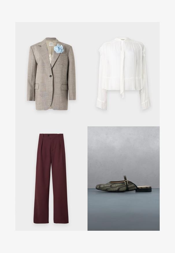 Blazer beige texturé à bouton unique avec col cranté, poches à rabat, et fleur en tissu bleu clair sur le revers gauche.; Blouse blanche à manches longues en tissu léger. Présente un col et des poignets à volants, avec un détail de nouage à l'avant. Design cropped.; CLOSED MAWSON - Pantalon classique - dark raisin red; Chaussure slip-on avec motif géométrique noir et beige, bride noire avec boucle dorée, suspendue en l'air au-dessus de carreaux en bois à l'extérieur.