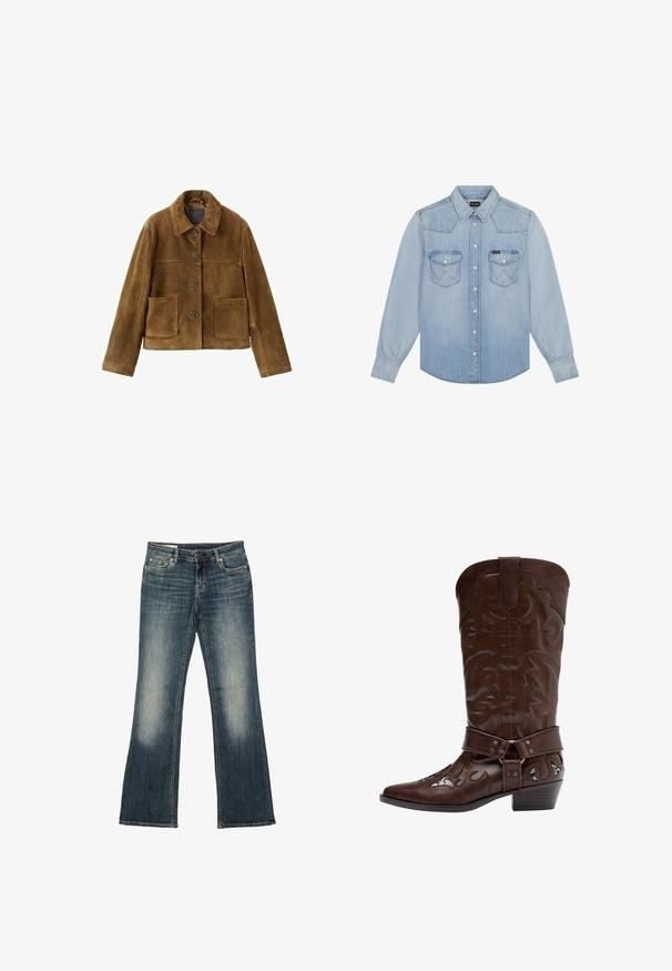 Brun ruskindsjakke med knapper og store frontlommer samt en bred krave, vist mod en hvid baggrund.; Lyseblå denim langærmet skjorte med spids krave, trykknapper foran og to brystlommer med klaplukninger.; Blå falmede denimjeans med bootcut pasform, lynlås foran, knaplukning og fem-lomme stil.; Brun lædercowboystøvle med dekorativ søm, rem med spænde og lav stakket hæl, vist i sideprofil mod hvid baggrund.