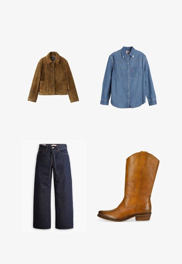 Brun ruskindsjakke med knapper og store frontlommer samt en bred krave, vist mod en hvid baggrund.; Lys blå denimskjorte med lange ærmer, spids krave, to brystlommer og kontraststing. Har et western-inspireret yoke-design.; Bredde ben mørkeblå denim jeans med høj talje, der har snoretræk, fem lommer og kontrastsyet detaljer.; Brune læder cowboystøvle med en glat overflade, bøjet top, dekorativ broderi på tåen og en lav stablet hæl. Brun accentlogo på siden.