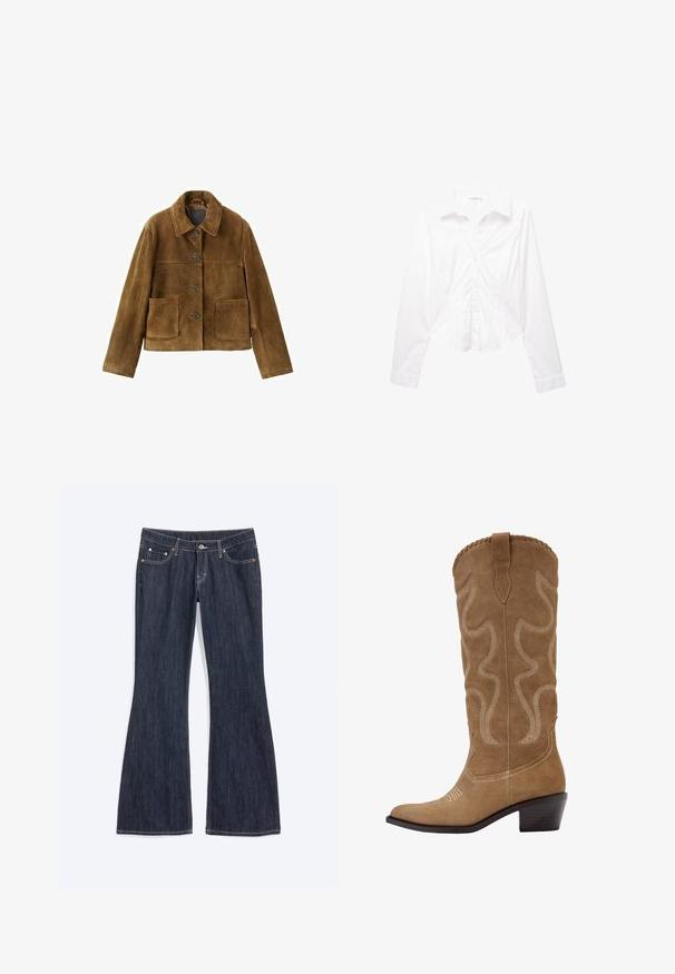 Veste en daim marron à boutons, avec de grandes poches frontales et un large col, présentée sur un fond blanc.; Chemise blanche à manches longues avec col, coupe slim, boutons sur le devant et poignets, présentée à plat sur un fond blanc.; Jean en denim bleu foncé avec un léger évasement en bas, doté de poches avant, d’un bouton et de détails de couture visibles.; Botte cowboy en daim marron mi-mollet avec des coutures décoratives blanches et un talon bloc empilé.