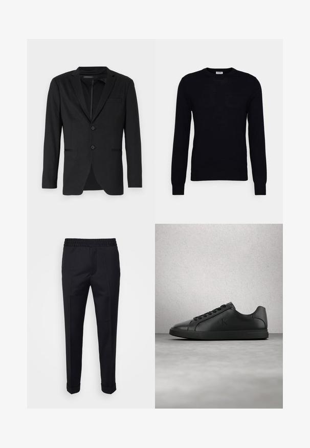 Sort blazer med slim fit, der har to knapper, udskårne revers og sidelommer. Fremstillet af glat stof med en subtil tekstur.; Sort langærmet sweater lavet af blødt strikket materiale. Rund halsudskæring, ribbede manchetter og kant. Minimalistisk design uden synlige mønstre eller knapper.; Sorte bukser lavet af letvægtsstof, med elastisk talje, sidelommer og oprevne kant. Glat tekstur med frontvendinger.; Sort læder sneaker med snørebånd og præget "ck" logo, der svæver over en grå gulv nær en glasblokvæg.