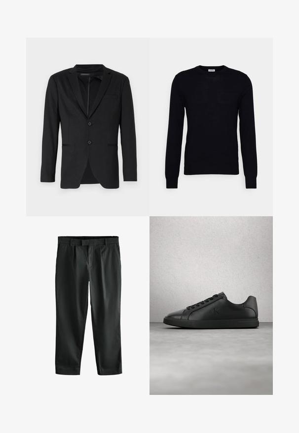 Sort blazer med slim fit, der har to knapper, udskårne revers og sidelommer. Fremstillet af glat stof med en subtil tekstur.; Sort langærmet sweater lavet af blødt strikket materiale. Rund halsudskæring, ribbede manchetter og kant. Minimalistisk design uden synlige mønstre eller knapper.; Sorte bukser med lige ben-design, folder foran og elastisk talje, lavet af glat, let stof.; Sort læder sneaker med snørebånd og præget "ck" logo, der svæver over en grå gulv nær en glasblokvæg.