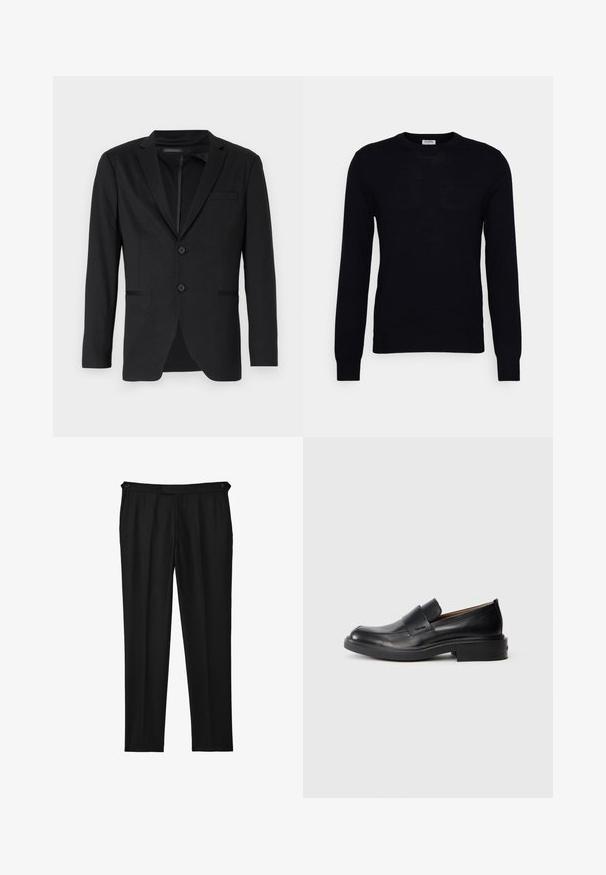 Sort blazer med slim fit, der har to knapper, udskårne revers og sidelommer. Fremstillet af glat stof med en subtil tekstur.; Sort langærmet sweater lavet af blødt strikket materiale. Rund halsudskæring, ribbede manchetter og kant. Minimalistisk design uden synlige mønstre eller knapper.; Sort skræddersyede bukser med en glat tekstur, der har en knaplukning og lige ben. Ingen synlige lommer eller mønstre.; Sorte læder slip-on dress sko med lav hæl og subtil Calvin Klein logo på siden, vist i profil på en hvid baggrund.