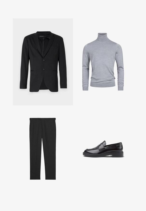 Sort blazer med slim fit, der har to knapper, udskårne revers og sidelommer. Fremstillet af glat stof med en subtil tekstur.; Grå turtleneck sweater lavet af et blødt strikket stof. Har lange ærmer og en tætsiddende design med ribbede manchetter og kant. Enkel, glat tekstur.; Mørkegrå bukser lavet af tekstureret stof med to forlommer og to knapper ved linningen til lukning. Fladt frontdesign.; Sorte læder loafers med en lav ribbet hæl, rund tå, dekorerende syede detaljer og en frontrem. Glat tekstur.