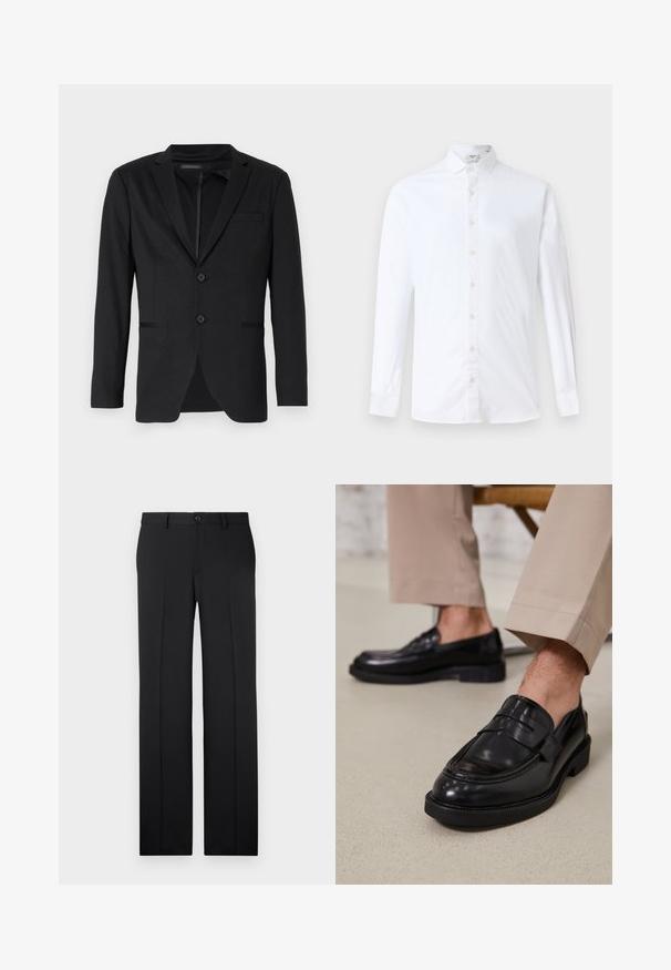 Sort blazer med slim fit, der har to knapper, udskårne revers og sidelommer. Fremstillet af glat stof med en subtil tekstur.; Hvid langærmet skjorte med knapper i bomuld, med klassisk krave, lige snit og en glat tekstur med matchende knapper.; Sorte, skræddersyede bukser med lige ben, glat stof, pressefolder foran og en enkelt knaplukning i taljen.; Sorte lædermokkasiner med en glat overflade, der har en dekorativ rem og kontraststing, parret med beige bukser.