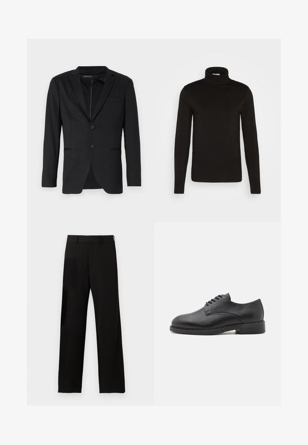 Sort blazer med slim fit, der har to knapper, udskårne revers og sidelommer. Fremstillet af glat stof med en subtil tekstur.; Sort turtleneck langærmet skjorte lavet af et glat stof med en tætsiddende design og en høj, tætsiddende krave. Ingen mønstre eller accenter synlige.; Sorte bukser med lige ben, bæltestropper og sidelommer på en ensartet hvid baggrund.; Sort læder oxford sko med en rund tå, der har en glat overflade, fem huller til snørebånd og en lav stablet hæl.