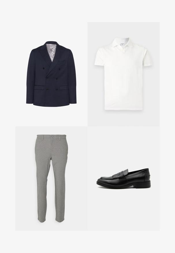 Blazer bleu marine croisé en tissu texturé. Il dispose de deux poches avant, de six boutons noirs et d'un col cranté. Doublure intérieure.; Polo blanc à manches courtes avec col et une petite étiquette à l'intérieur du col indiquant « FILIPPA K », présenté sur un fond clair uni.; Pantalons gris clair en tissu doux, avec une coupe droite, des passants de ceinture et une fermeture à un bouton. Texture lisse, design minimal.; Mocassin homme en cuir noir avec détail pompon, bout arrondi, talon bas et finition polie lisse, montré de profil sur fond blanc.