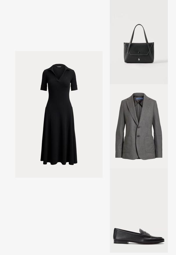 Jednorzadový sivý blejzer so dvoma gombíkmi, výstrih s výrezom, dva predné náprsné vrecká a štítok Polo by Ralph Lauren vo vnútri goliera.; Čierne midi šaty s krátkym rukávom, golierom polo, priliehavým pásom, rozšírenou sukňou a jemným logom na hrudi.; Čierne kožené loafers s textúrovaným povrchom, vybavené dekoratívnym pásikom a plochým podpätkom. Elegatný, minimalistický dizajn s okrúhlou špičkou.; Čierna kožená kabelka s dvoma rúčkami, predný chlopňový uzáver s gombíkom, biele prešitie a malé logo koňa na jednofarebnom pozadí.