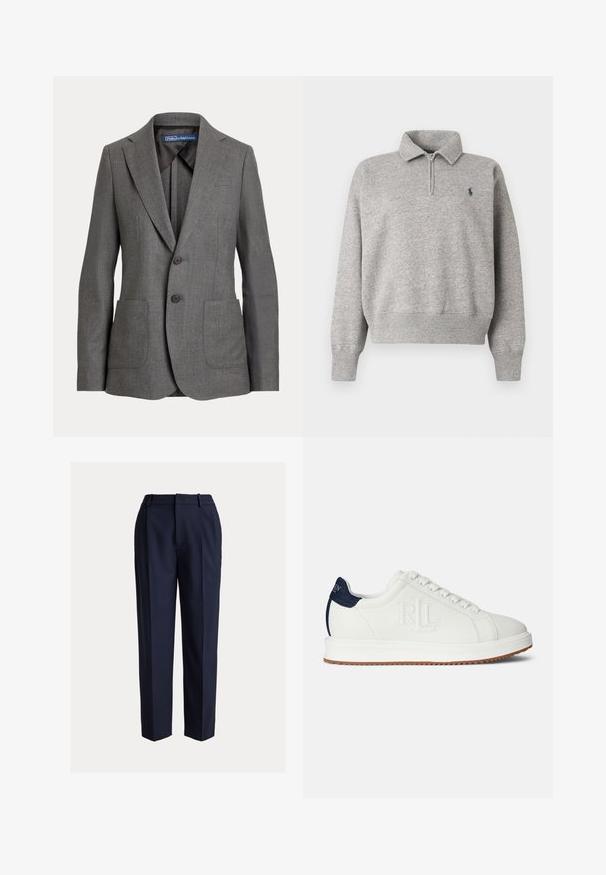 Enkeltknappet grå blazer med to knapper, hakkrave, to forlommelommer og en Polo by Ralph Lauren-label inde i kraven.; Lysegrå langærmet pullover med kvart lynlås, ribstrikkede manchetter og linning samt en lille mørk logo broderet på venstre bryst.; Marineblå, skræddersyede bukser med lige ben, med en glat struktur, forreste læg og bæltestropper. Ingen synlige lommer.; Hvide sneakers med en tekstureret overflade, navy accent ved hælen og en gummisål. Har et syet logo på siden.