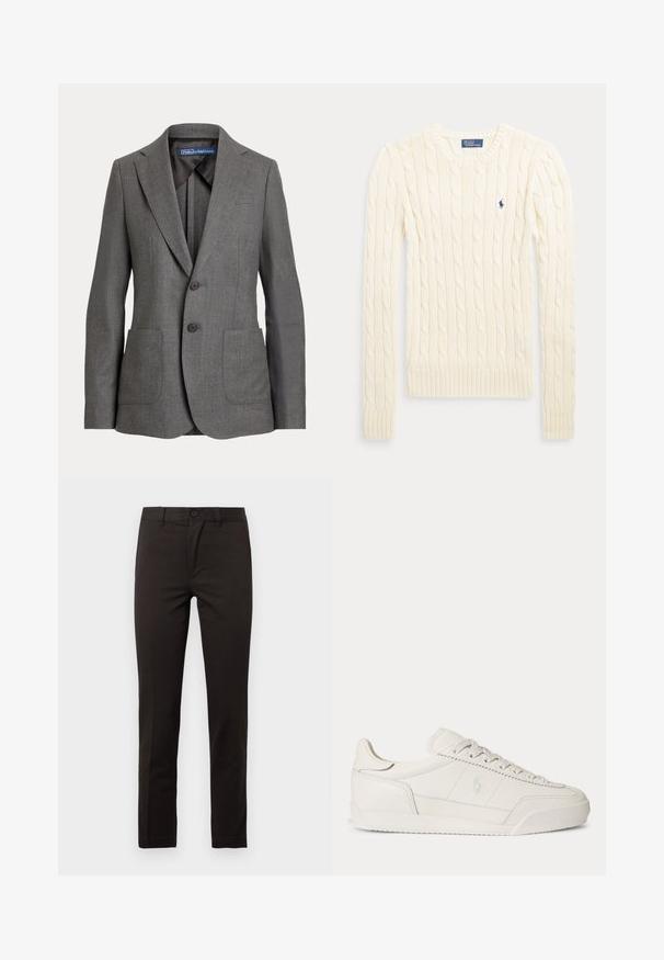 Enkeltknappet grå blazer med to knapper, hakkrave, to forlommelommer og en Polo by Ralph Lauren-label inde i kraven.; Langærmet cremefarvet kabelstrikket sweater med rund halsudskæring og lille mørkeblå broderet logo på brystet.; Sorte, lige bukser lavet af en glat bomuldsblanding; har en forreste knap, lynlås og to sidelommer. Ren, minimalistisk design.; Hvid lavtopet lædersneaker med snørebånd, tekstureret sål og subtilt logo på siden, vist i sideprofil mod en ensfarvet baggrund.