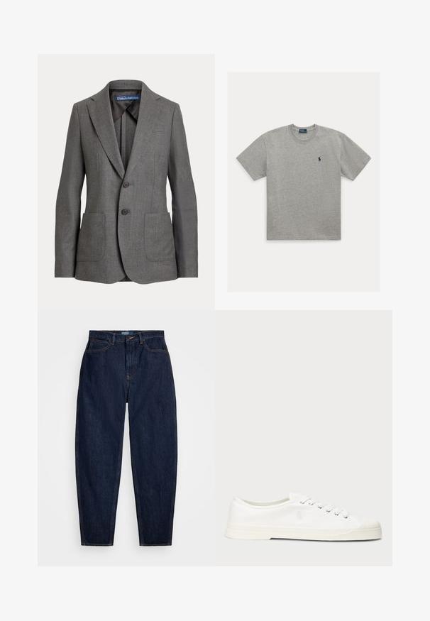 Enkeltknappet grå blazer med to knapper, hakkrave, to forlommelommer og en Polo by Ralph Lauren-label inde i kraven.; Lysegrå T-shirt med korte ærmer og rund halsudskæring med lille mørkeblåt broderet logo af en polospiller på venstre bryst.; Mørkeblå denim jeans med lige pasform, der har orange syninger, en forreste knaplukning og fem lommer.; Hvide lærredssneakers med rund tå, snørelukning og diskret logo-detalje. Har en tekstureret overflade og gummisål.