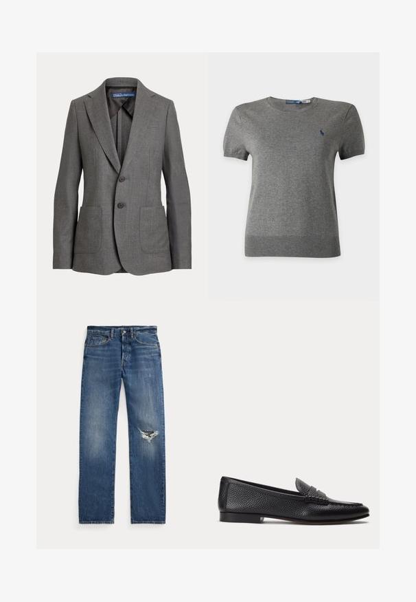 Enkeltknappet grå blazer med to knapper, hakkrave, to forlommelommer og en Polo by Ralph Lauren-label inde i kraven.; Grå kortærmet rundhalset sweater med ribkant og lille marineblåt broderet logo på venstre bryst.; Blå denim jeans med medium talje, fem lommer og et hullet slid på højre knæ.; Sort tekstureret læderloafer med lav hæl og klassisk penny-stropdetalje, vist i profil mod en ensfarvet lys baggrund.