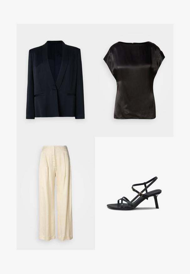 Schwarzer Blazer mit Schalkragen, einreihiger Knopfverschluss, zwei vorderen Taschen und glatter Stoffstruktur. Keine sichtbaren Muster oder Verzierungen.; Schwarzes Satinoberteil mit Bootsausschnitt, kurzen Ärmeln und dezentem Glanz. Verfügt über einen versteckten Reißverschluss an der Rückseite zum Verschließen. Glatte Textur.; Hohe Taille, cremefarbene Seidenhose mit Falten, weitem Bein und einem versteckten Reißverschluss vorne vor schlichtem weißem Hintergrund.; Schwarze Riemchensandale aus Leder mit zwei goldenen Schnallen und einem mittelhohen Stiletto-Absatz vor weißem Hintergrund.