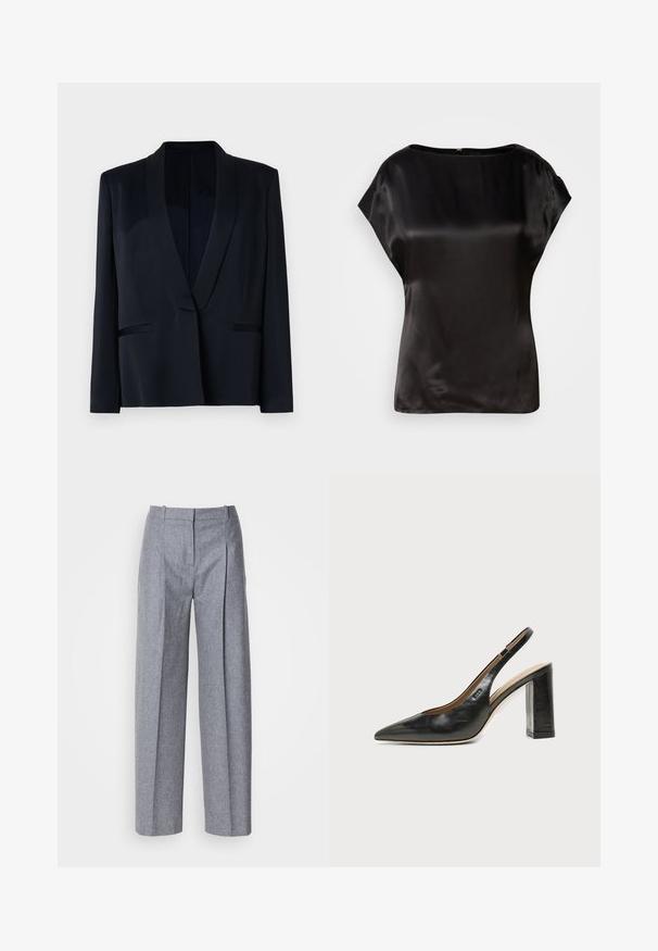 Zwarte blazer met een sjaalkraag, sluiting met één knop, twee voorzakken en een gladde stoftextuur. Geen zichtbare patronen of versieringen.; Zwarte satijnen top met een boot neckline, kapmouwen en een subtiele glans. Voorzien van een verborgen ritssluiting op de rug. Gladde textuur.; Lichtgrijze wijdluwe broeken van een gestructureerde stof, met plooien aan de voorkant en een fijne taille. Minimalistisch ontwerp, zonder zichtbare hardware.; Zwarte leren slingback schoen met spits toelopend neusje, hoge blokhak en beige binnenvoering tegen een effen lichte achtergrond.