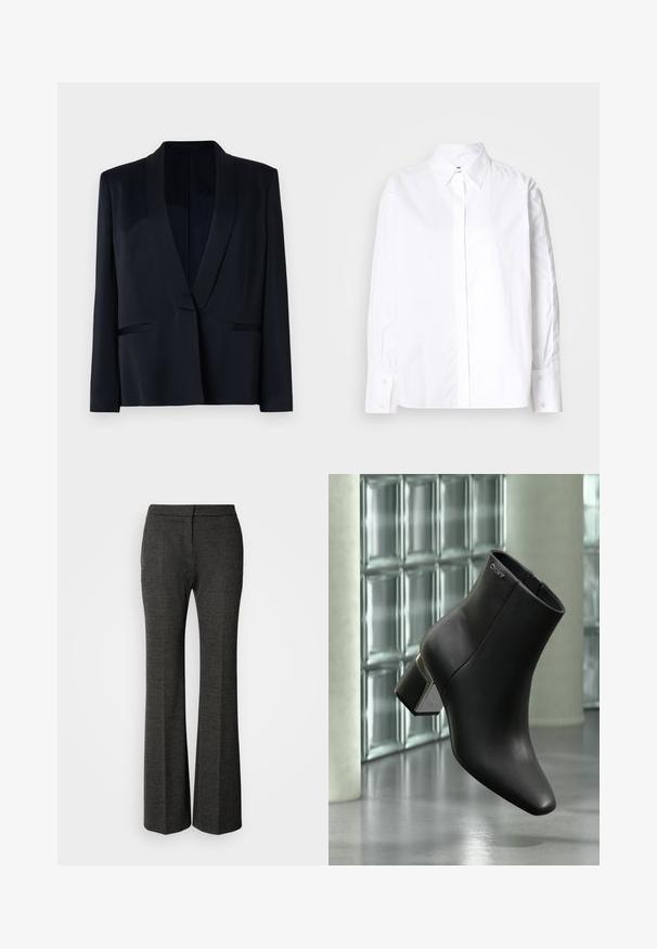 Blazer noir avec un col châle, fermeture à un bouton, deux poches avant, et une texture de tissu lisse. Pas de motifs ni d'ornements visibles.; Chemise blanche à col classique, à manches longues et avec poignets à bouton. Fabriquée en tissu doux, elle présente une patte de boutonnage sur le devant.; Pantalons grisonnants évasés en tissu texturé. Présentent un devant plat, une silhouette ajustée et un motif en chevron subtil sur l'ensemble.; Bottine en cuir noir à talon bloc, logo DKNY près du haut, exposée devant un mur en blocs de verre et un sol en béton poli.