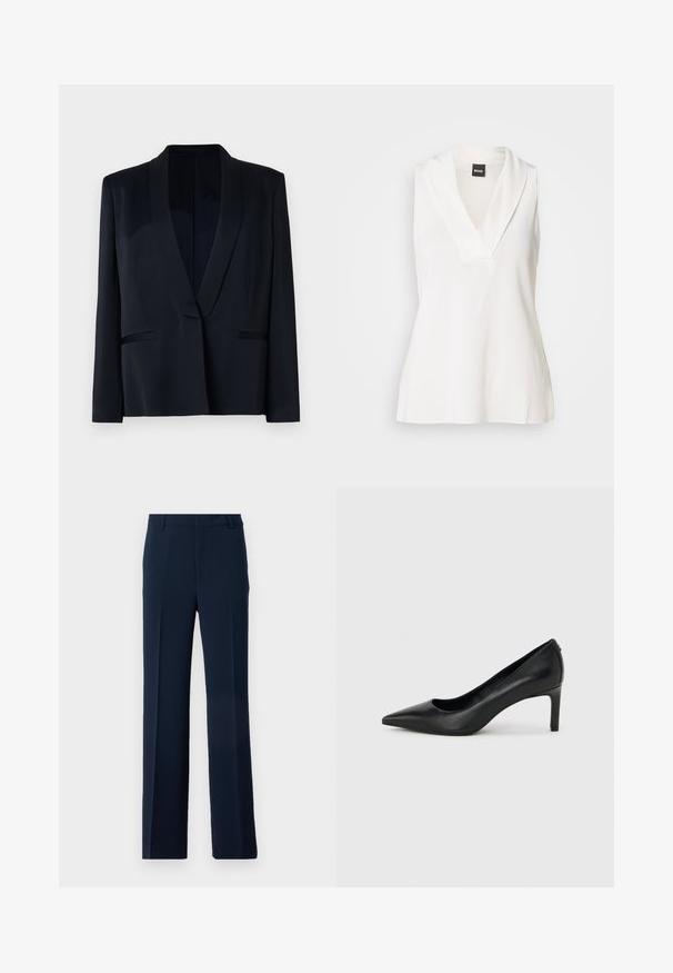 Zwarte blazer met een sjaalkraag, sluiting met één knop, twee voorzakken en een gladde stoftextuur. Geen zichtbare patronen of versieringen.; Witte mouwloze top met een V-halsontwerp, voorzien van een gedrapeerde kraag en een gladde, licht glanzende textuur. Ideaal om te combineren in lagen.; Marineblauwe broek van glad stoffen, met een recht model, vooraan geplooid en met zijzakken voor een verfijnde uitstraling.; Zwarte leren pumps met een spits toelopende neus en een slanke, middelhoog hak, afgebeeld tegen een effen lichtgrijze achtergrond.