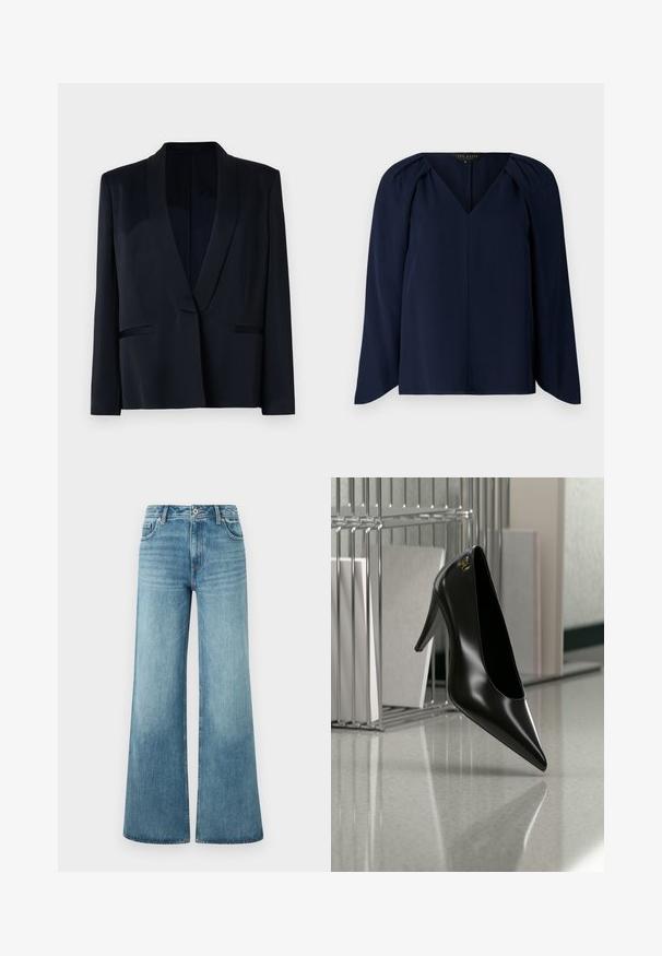 Zwarte blazer met een sjaalkraag, sluiting met één knop, twee voorzakken en een gladde stoftextuur. Geen zichtbare patronen of versieringen.; Navyblauwe blouse met lange mouwen en een V-hals, voorzien van subtiele plooien op de schouders en een gladde, zachte textuur. Eenvoudig, elegant ontwerp.; Lichtblauwe wijde jeans van denim, met een hoge taille, vijf-pocket design en subtiele vervaging op de benen.; Zwart hooggehakt schoen met puntige neus en gouden logo, geplaatst op een reflecterend oppervlak naast een verchroomde draadordner met documenten.