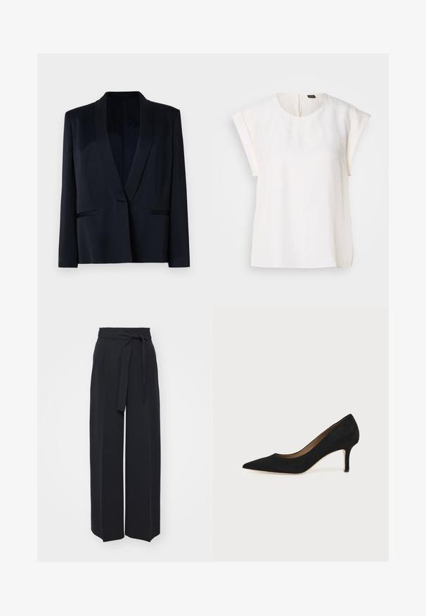 Blazer noir avec un col châle, fermeture à un bouton, deux poches avant, et une texture de tissu lisse. Pas de motifs ni d'ornements visibles.; Blouse blanche à manches courtes avec encolure ronde et coupe ample, avec une petite étiquette noire et orange au dos du col.; Pantalons noirs à jambes larges en tissu doux. Dotés d'une taille ceinturée et de plis avant. Texture lisse avec un design épuré et contemporain.; Escarpin en daim noir à bout pointu avec un talon stiletto fin de hauteur moyenne et un design à coupe basse sur un fond uni.