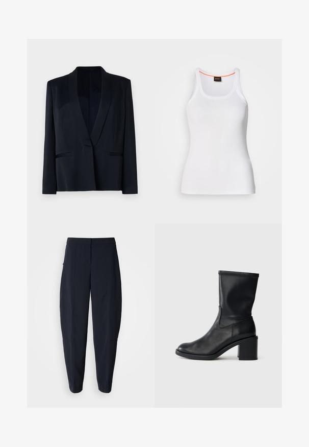 Zwarte blazer met een sjaalkraag, sluiting met één knop, twee voorzakken en een gladde stoftextuur. Geen zichtbare patronen of versieringen.; Wit geribd tanktop met een ronde hals, voorzien van een smal bandjesontwerp en een oranje accent langs de binnenkant van de halslijn. Merkembleem zichtbaar.; Marineblauwe toelopende broek met taille op middenhoogte en zijzakken, voorzien van subtiele naaddetails langs de benen.; Zwarte leren enkellaars met een ronde neus, een gladde textuur en een chunky hak, met een strak schacht en subtiele stiksels.