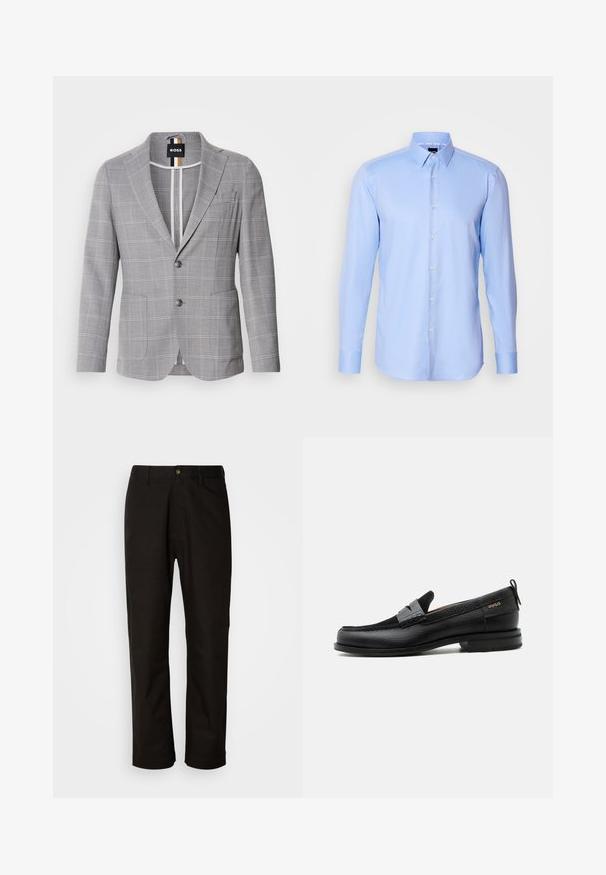 Grijze geblokte blazer van stof met een subtiele textuur. Beschikt over een geknipte revers, een sluiting met twee knopen en voorzakken.; Lichtblauwe langemouwen overhemden van gestructureerde stof met een puntkraag en klassieke knoopsluiting aan de voorkant.; Zwarte katoenen broek met een rechte snit, riemlussen, een ritssluiting aan de voorkant en een enkele knoopsluiting. Soepele textuur zonder zichtbare patronen.; Zwarte leren loafer met grijs riemdetailelement, lage hak en gestructureerde zool, aan de zijkant gebrandmerkt met "HUGO" in goud.