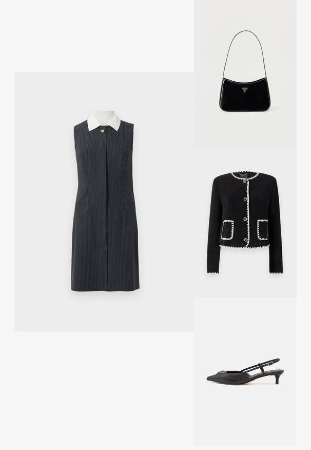Veste noire avec un empiècement blanc à bord festonné, encolure ronde et six boutons sur le devant. Comprend deux poches à rabat avec une finition assortie. Tissu texturé.; Robe sans manches à rayures grises avec un col blanc, dotée d'une fermeture à l'avant et de deux poches latérales, confectionnée dans un tissu lisse.; Chaussures noires à talon slingback avec un bout pointu, en matériau lisse, dotées d'un petit talon et d'un accent décoratif en argent sur le dessus.; Sac à bandoulière en cuir verni noir avec une sangle fine, logo triangulaire Guess sur le devant et une fermeture éclair supérieure.