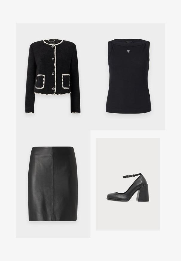 Veste noire avec un empiècement blanc à bord festonné, encolure ronde et six boutons sur le devant. Comprend deux poches à rabat avec une finition assortie. Tissu texturé.; Débardeur noir sans manches en coton, avec un col bateau et un petit logo triangulaire en cristal sur la poitrine. Texture lisse.; Jupe en cuir noir avec une coupe ajustée et une texture lisse, présentant une couture centrale à l'avant et une silhouette épurée et minimaliste.; Chaussure en cuir noir à talon bloc avec bout arrondi et bride de cheville réglable avec double boucle argentée sur fond blanc.