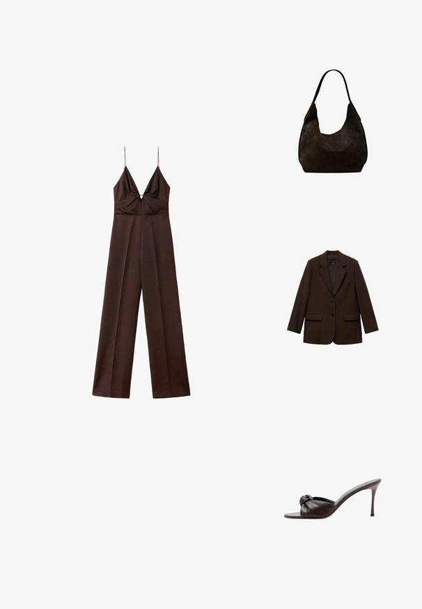 Brun blazer med en struktureret design, to frontlommer, to knapper og skåret klapkrave. Lavet af tekstureret stof.; Mørkebrunt jumpsuit med vide ben, tynde spaghetti-stropper og en dyb V-halsudskæring med rynkede detaljer ved brystet.; Mørkebrunt læder højhælet mule med åben tå og knudedetalje på den forreste rem.; Blød sort ruskind skuldertaske med en enkelt bred strop og en rundet, let slap form.