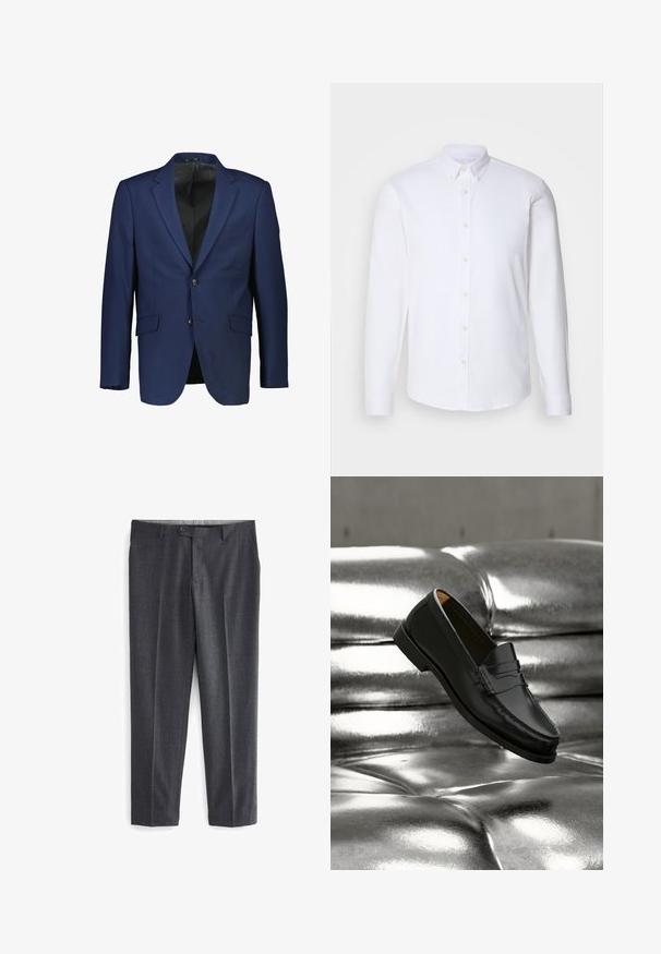 Blazer marine en tissu lisse, à boutonnage simple, avec deux boutons, revers crantés et poches latérales.; Chemise blanche à manches longues avec boutons, fabriquée dans un tissu lisse, dotée d'un col classique, de huit boutons sur le devant et de poignets standards.; Pantalons ajustés gris avec un motif texturé, deux poches avant, passants de ceinture et une fermeture à un bouton à la taille.; Mocassin en cuir noir flottant au-dessus d'un canapé en cuir argenté brillant matelassé à boutons dans un décor minimaliste.