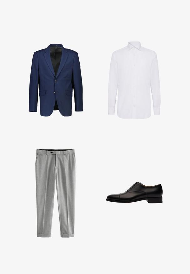 Marineblazer van een gladde stof, met een enkelvoudige sluiting, twee knopen, inkepingen op de kraag en zijzakken.; Witte lange mouwen dress-shirt met een klassieke kraag, knoopsluiting en rechte zoom. Gemaakt van soepele katoenen stof.; Grijze pantalon van gestructureerde stof, met platte voorkant, zijzakken en beïnvloede zomen. Strakke, op maat gemaakte silhouet.; Zwarte leren veterschoen met een ronde neus, cap toe-detail en een lage blokhak. Soepele textuur met subtiele stikselaccenten.
