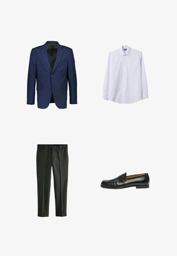 Blazer marine en tissu lisse, à boutonnage simple, avec deux boutons, revers crantés et poches latérales.; Chemise blanche formelle à manches longues avec col pointu, présentée à plat sur un fond blanc.; Pantalons gris en tissu texturé avec des éclats de couleur, dotés d'une fermeture à bouton et d'un ourlet roulé aux poignets. Deux poches latérales.; Scarosso FRED - Chaussons - black calf