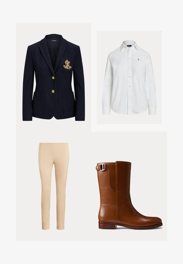Blazer azul marino con botones dorados, dos bolsillos delanteros y un logo bordado en oro en el bolsillo izquierdo del pecho.; Camisa blanca de manga larga con botones, cuello y pequeño logo bordado en el pecho izquierdo, mostrada sobre un fondo liso.; Pantalones beige ajustados hasta el tobillo con un acabado liso y sin bolsillos visibles ni adornos sobre un fondo liso.; Botín de cuero marrón con acabado suave, puntera redondeada y hebilla decorativa lateral. Cuenta con un tacón bajo de madera y detalles mínimos de costuras.