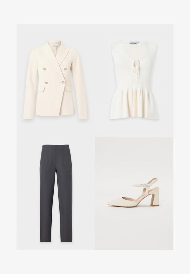Blazer crème croisé à manches longues, revers crantés, quatre boutons texturés dorés et deux poches à rabat.; Haut tricoté blanc sans manches avec partie supérieure côtelée, encolure ronde, détail noué à l'avant et ourlet évasé.; Pantalon droit gris foncé avec taille haute et plis subtils à l'avant, présenté sur un fond clair uni.; Escarpin à bout pointu, de couleur crème, avec un talon carré. Il est doté d'une fine lanière de cheville avec une boucle ronde et d'une texture en cuir lisse.