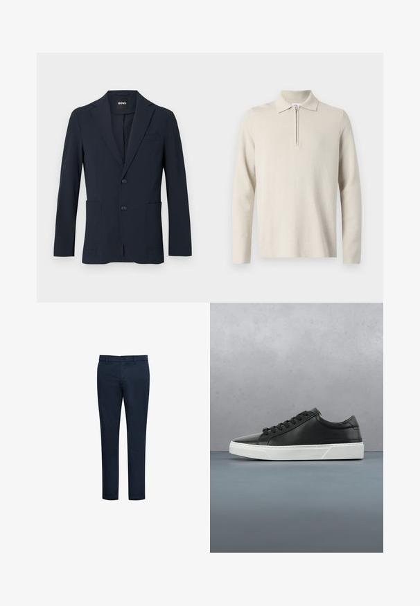 Blazer formal masculino de color azul marino oscuro con dos botones, solapas con muesca y bolsillos delanteros parcheados, etiquetado "BOSS" en el interior del cuello.; Camisa polo de manga larga color crema con cierre en el cuello, hecha de un tejido suave y texturizado, con un corte clásico y un diseño minimalista.; Pantalones chinos azul marino con textura suave, corte ajustado, trabillas para cinturón, bolsillos frontales y cierre con botón. Diseño limpio y detalles mínimos.; Zapatilla de cuero negra con punta redonda, superficie texturizada, suela de goma blanca y cordones negros. Diseño minimalista con un perfil elegante.