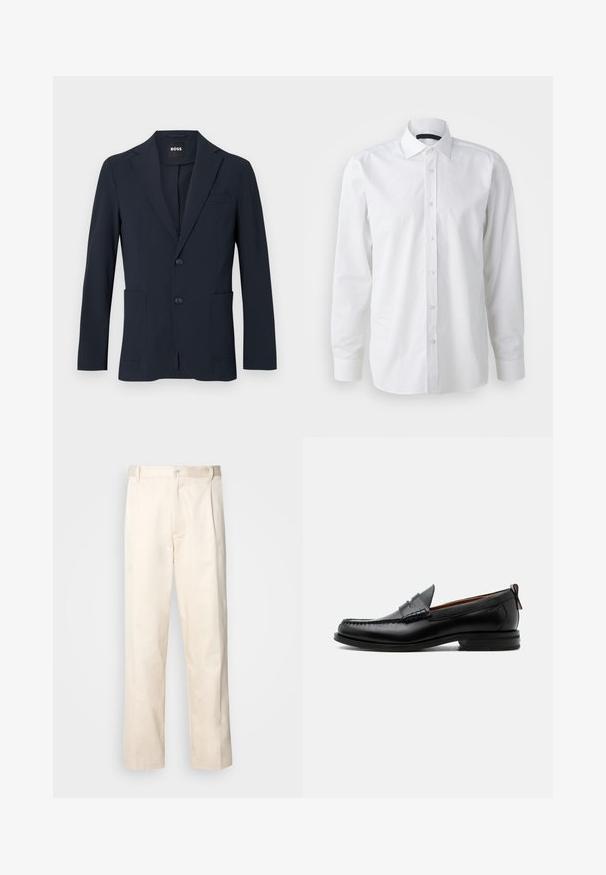 Blazer formal masculino de color azul marino oscuro con dos botones, solapas con muesca y bolsillos delanteros parcheados, etiquetado "BOSS" en el interior del cuello.; Camisa blanca de manga larga hecha de algodón. Presenta un cuello clásico, una parte delantera con botones y una textura suave con un brillo sutil.; Pantalones de algodón beige con corte recto, que cuentan con un cierre de botón y pliegues en la parte frontal para un detalle adicional.; Mocasín de hombre de piel negra con costura moc toe, tira penny, cuello texturizado y tacón bajo apilado sobre fondo blanco.