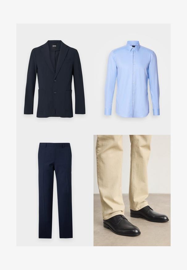 Blazer formal masculino de color azul marino oscuro con dos botones, solapas con muesca y bolsillos delanteros parcheados, etiquetado "BOSS" en el interior del cuello.; Camisa de botones de manga larga color azul claro, hecha de tejido texturizado, con cuello puntiagudo y cierre de botones clásico en la parte delantera.; Pantalones azul marino con un corte entallado, que presentan una textura suave, pliegues marcados y un diseño de frente plano. Cierre de cremallera oculta.; Zapatos de cuero negro con cordones, puntera redondeada, acabado suave y sutiles detalles de costura, combinados con pantalones de color beige claro.