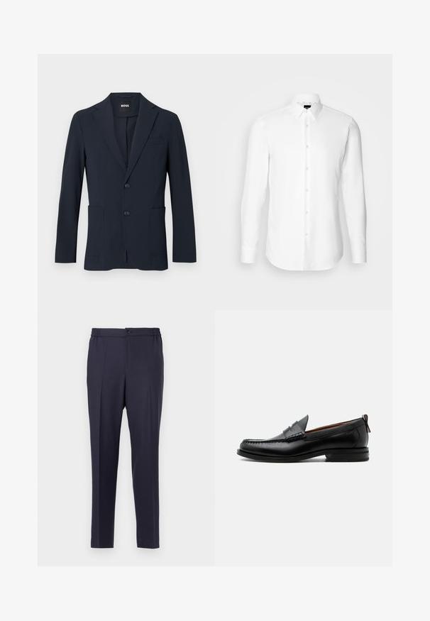 Dunkel marineblauer formeller Herrenblazer mit zwei Knöpfen, Revers mit Kerbe und aufgesetzten Fronttaschen, innen am Kragen mit „BOSS“ Label.; Weißes Langarmhemd, vorne mit Knöpfen, klassischer Kragen, aus glattem Stoff mit feiner Textur, für eine figurnahe Passform entworfen.; Navyblaue Hose mit flacher Front, elastischem Bund und Knopfverschluss. Gerader Schnitt und glatte Textur, geeignet für formelle oder legere Anlässe.; Schwarzer Leder-Herrenschuh mit Mokassinnaht, Penny-Riemen, strukturiertem Kragen und niedrigem gestapeltem Absatz auf weißem Hintergrund.