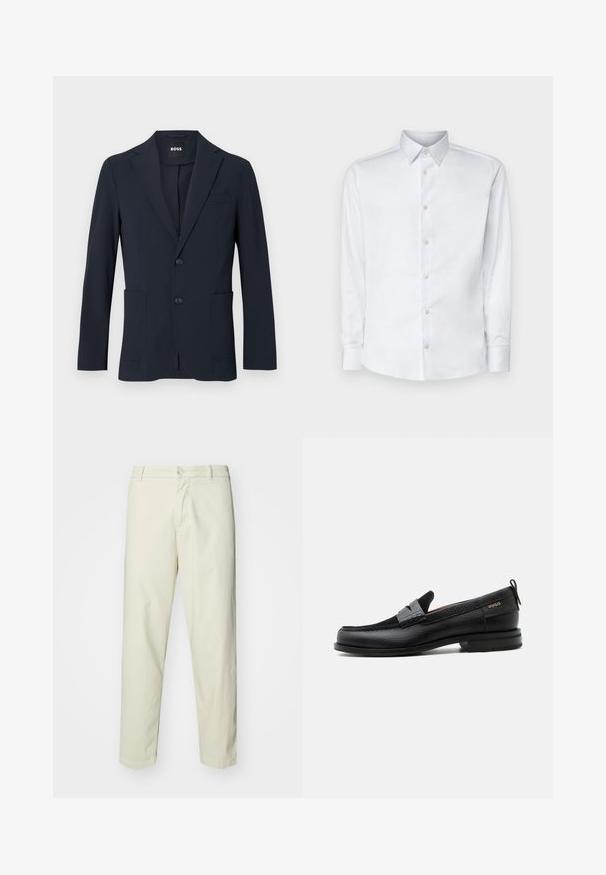 Dunkel marineblauer formeller Herrenblazer mit zwei Knöpfen, Revers mit Kerbe und aufgesetzten Fronttaschen, innen am Kragen mit „BOSS“ Label.; Weißes Langarmhemd aus glattem Stoff, mit klassischem Kragen, Knopfleiste und Manschetten mit Knöpfen, vor einem einfarbigen Hintergrund präsentiert.; Hellbeige Baumwollhosen mit geradem Bein, ausgestattet mit einem vorderen Knopfverschluss und normalen Taschen, glatter Textur und ohne Muster.; Schwarzer Lederloafer mit grauem Riemendetail, niedrigem Absatz und strukturierter Sohle, seitlich mit „HUGO“ in Gold gebrandmarkt.