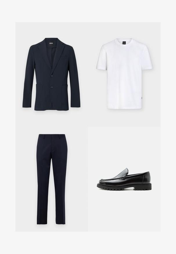 Dunkel marineblauer formeller Herrenblazer mit zwei Knöpfen, Revers mit Kerbe und aufgesetzten Fronttaschen, innen am Kragen mit „BOSS“ Label.; Schlichtes weißes T-Shirt mit kurzen Ärmeln und Rundhalsausschnitt, mit einem kleinen schwarzen Markenetikett am Kragen und dezenter Stoffstruktur.; Marineblaue Slim-Fit-Anzughose mit Gürtelschlaufen und gepressten Vorderfalten, vor einem schlichten weißen Hintergrund präsentiert.; Schwarzer Lederloafer mit grober Gummisohle, genähter Oberseite und geprägtem Markennamen an der Ferse, seitlich auf weißem Hintergrund gezeigt.