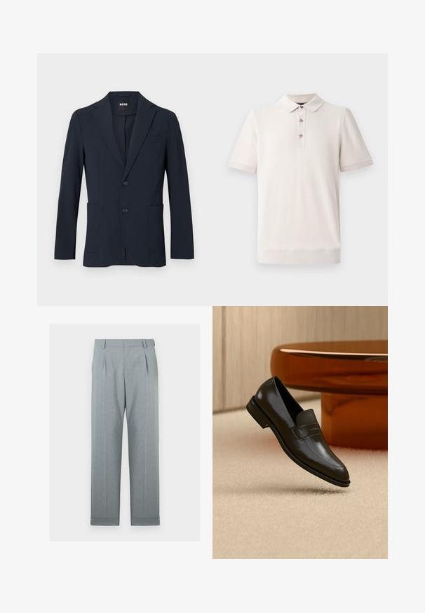Mørk marineblå formel herreblazer med to knapper, notch revers og forlommer med lapper, mærket "BOSS" inde i kraven.; Kortærmet polo-shirt i lys beige, tekstureret materiale med krave og tre knaplukninger; ribbede detaljer ved ærmer og kant.; Lysgrå bukser lavet af et tekstureret stof med lige ben, enkel plissering og opfoldede kanter. Minimalistisk og skræddersyet udseende.; Sort læderloafer med et elegant design, der har et struktureret bånd og en glat finish. Placeret mod en blød, lys baggrund.