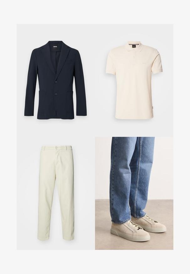 Dunkel marineblauer formeller Herrenblazer mit zwei Knöpfen, Revers mit Kerbe und aufgesetzten Fronttaschen, innen am Kragen mit „BOSS“ Label.; Beige Poloshirt aus Baumwolle mit Kragen und Knopfleiste mit zwei Knöpfen. Auf der Brust ist das Logo "BOSS" gestickt, kurze Ärmel, schlichtes Design.; Hellbeige Baumwollhosen mit geradem Bein, ausgestattet mit einem vorderen Knopfverschluss und normalen Taschen, glatter Textur und ohne Muster.; BOSS GARYTENN_SDHDEL - Sneaker low - natural ten
